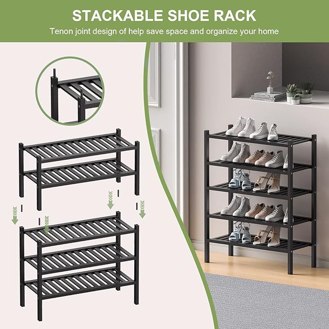 2 Tier (Thick) Bamboo Shoe Rack for Closet Free Standing Wood Shoe Shelf for Entryway Small Space Stackable 27"x12"x14" (Black)