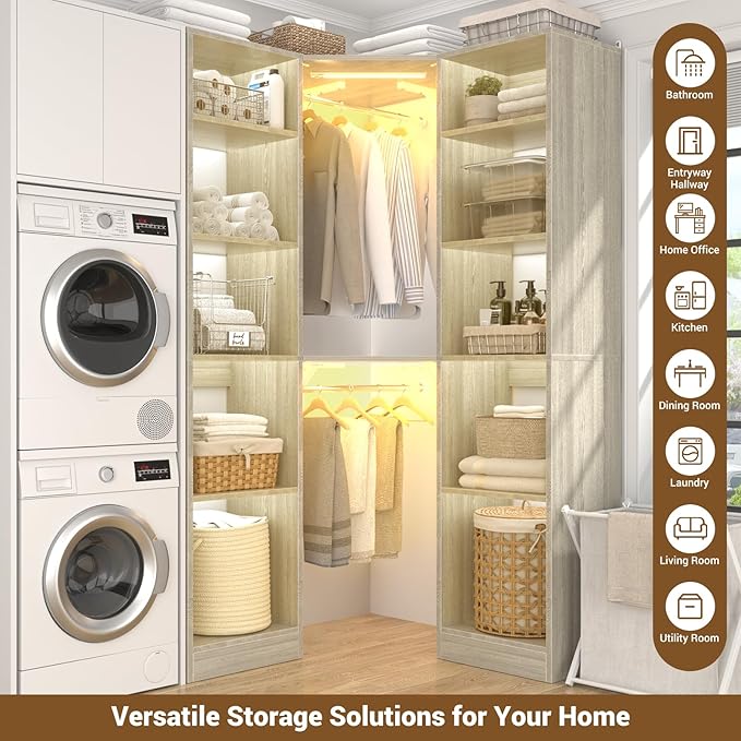 Corner Closet System with 2 Motion Sensor Lights, 39.2" Corner Closet Organizer with 12 Shelves, Closet System with 2 Hanging Rods, Versatile 6-Tier Walk-in Closet for Corner Space, White Oak