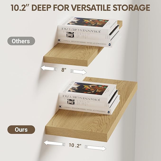 Vivelove 10" Deep Floating Shelves Over Toilet, 16" Wall Shelves for Bathroom Bedroom Kitchen Living Room Laundry Room, Modern Rustic Shelves for Home Decor, 16"x10.2"x1.5", Set of 2, Oak