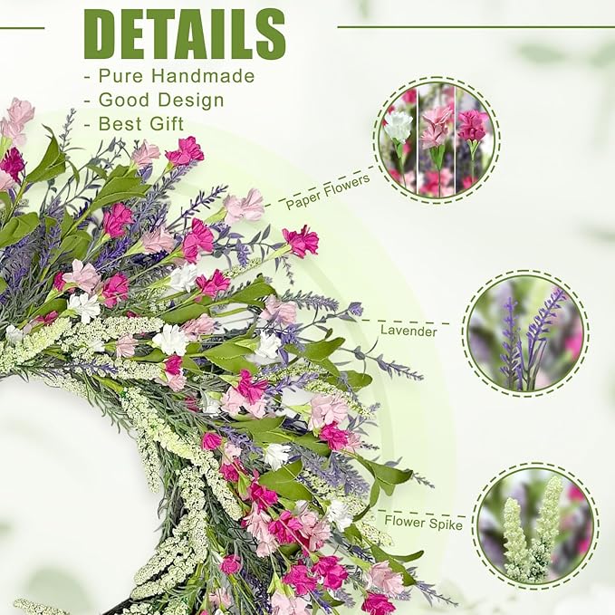 Artgar 26 Inch Spring Wreaths for Front Door, Spring Summer Lavender Paper Flower Wreaths for Home Farmhouse Windows Walls Porch Wedding Indoor Outdoor Decor for All Seasons (Pink)