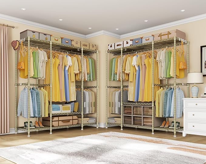 Ulif E3 Heavy Duty Garment Rack, 4 Tiers Freestanding Closet Organizer System with 5 Shelves, Metal Closet Organizer and Storage System for Clothes, Max Load 850lbs, 58.4" W x 15.7" D x 77.3" H, Gold