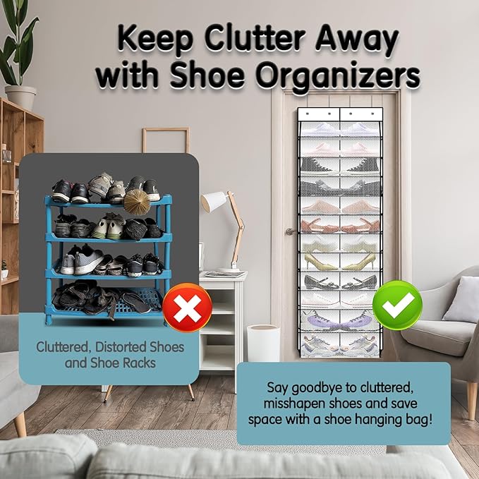 Over The Door Shoe Organizer with 12 Large Breathable Pockets - Durable Hanging Storage for the Entire Family's Shoes (White)