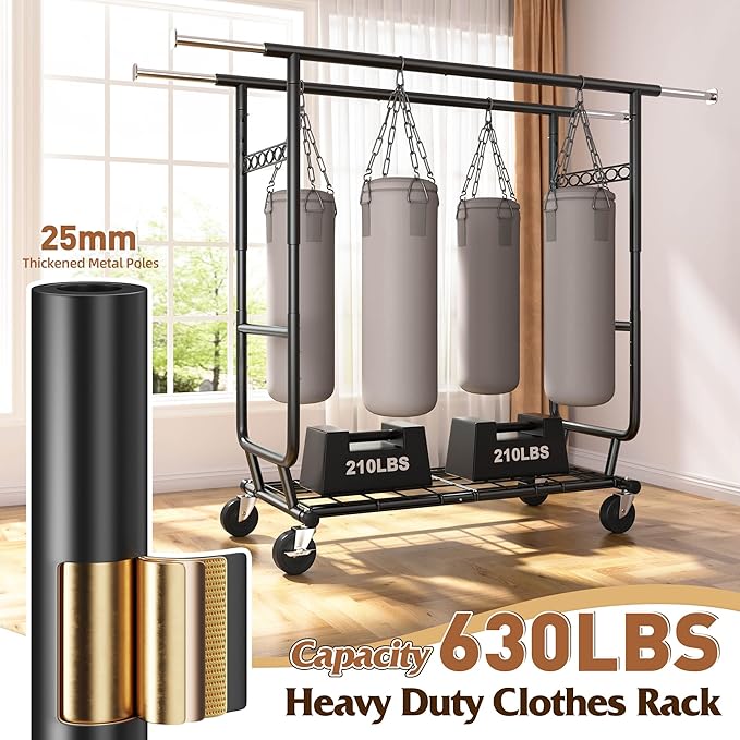 Raybee Clothes Rack Load 630LBS, Heavy Duty Clothes Rack, Rolling Clothing Racks for Hanging Clothes with Wheels, Adjustable & Commercial Garment Rack, 22" D x 75" W x 68" H, Black