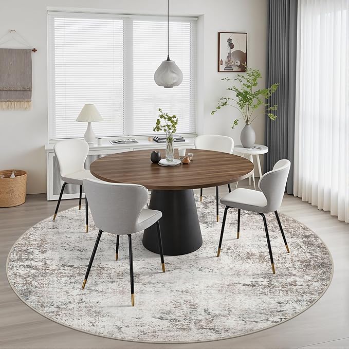 Round Area Rug for Living Room: 8 ft Washable Modern Abstract Soft Thin Rug Indoor Floor No Slip Stain Resistant Carpet for Bedroom Dining Room Farmhouse Nursery Home Office - Brown Grey
