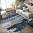 Ciicool 4ft Round Washable Rug, Modern Abstract Circle Rugs, Non-Slip Thin Low-Pile Rug Navy Grey Circular Print Distressed Carpet for Bedroom Living Room Under Dining Table Home Office Decor
