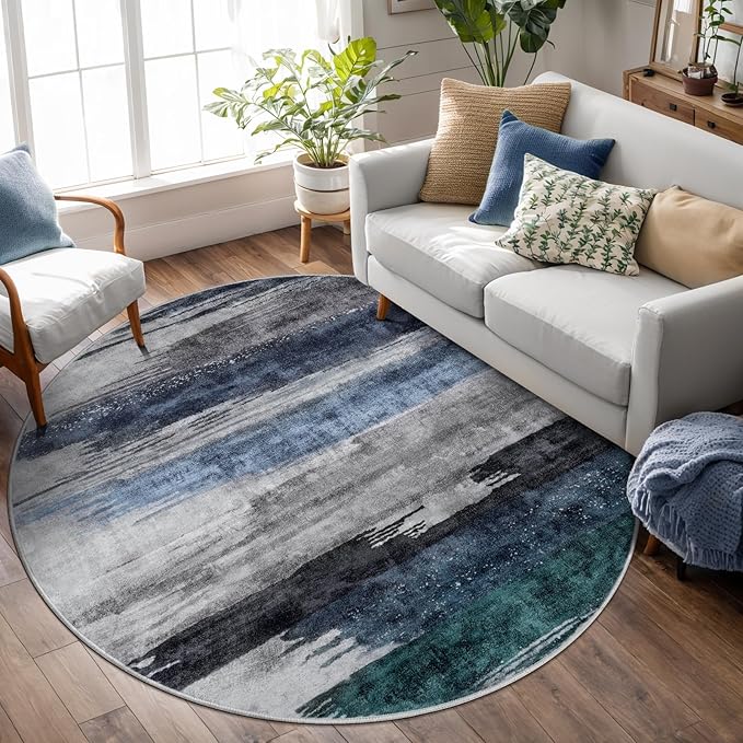 Ciicool 4ft Round Washable Rug, Modern Abstract Circle Rugs, Non-Slip Thin Low-Pile Rug Navy Grey Circular Print Distressed Carpet for Bedroom Living Room Under Dining Table Home Office Decor