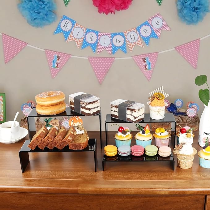ELEGANTLIFE Acrylic Display Risers Set of 4, 4-Level Tiered Display Stands for Cupcakes, Small Figures & Jewelry, Compact Countertop Display Shelf, Multiple Colors Available (Black)