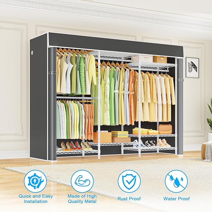 Ulif E13C Heavy Duty Closet Organizer System，Freestanding Clothing Racks for Hanging Clothes，Adjustable Garment Rack 63" W x 16" D x 77" H Hold 960 lbs，White Clothing Rack with Grey Dustproof Cover