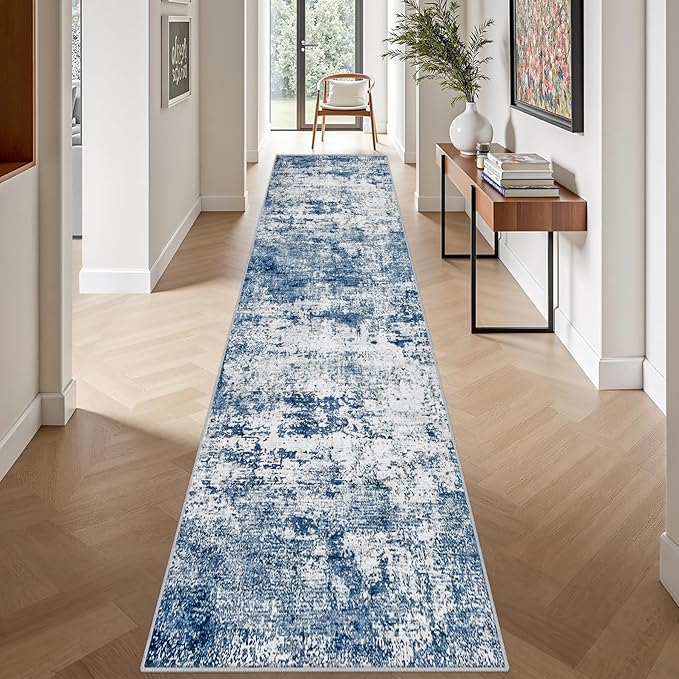 2.6'x14' Runner Rug Washable Rug: Modern Abstract Soft Thin Runner Rug Blue