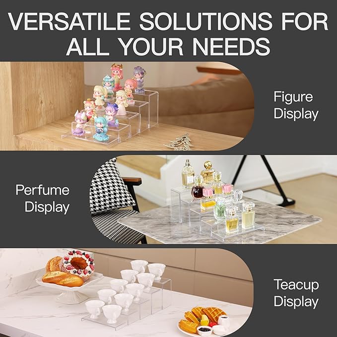 ANDGOO 10 Pack Acrylic Display Risers, 2 Set(7”L~8”L~9”L) Perfume Stand Organizer, Easy to Store Clear Cupcake Stand, Display Risers for Retail Stores Special Events Exhibitions Home Decoration