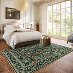 Vintage Botanical Dark Green Area Rug 5x7 Elegant Floral Pattern, Durable Stain-Resistant Fabric, Perfect for Living Room, Bedroom, Dining Room Decor