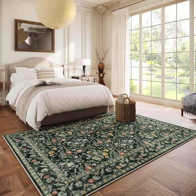 Vintage Botanical Dark Green Area Rug 5x7 Elegant Floral Pattern, Durable Stain-Resistant Fabric, Perfect for Living Room, Bedroom, Dining Room Decor