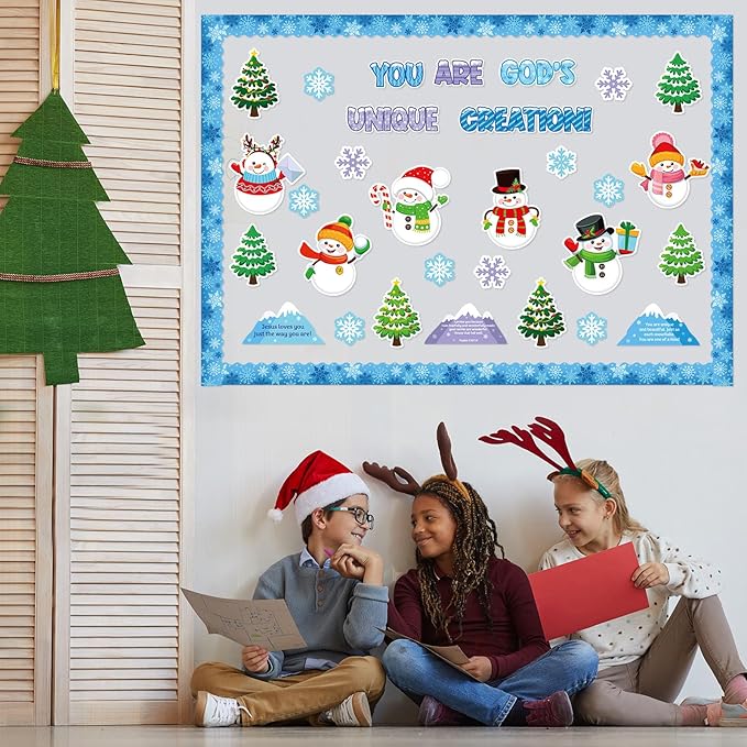Christian Christmas Bulletin Board Decorations Set - Religious Classroom Decor - God Made Me Unique Snowflake Snowman Cutouts for Xmas, Winter Holiday School Wall Decor
