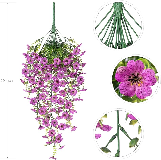 Artificial Hanging Flowers for Outdoors Fake Plants Decoration, 2 Packs Faux Silk Daisy Flower Realistic Outdoor Flowers UV Resistant Porch Patio Window Yard Indoor Spring Decor(Purple)