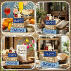 Lineshading 4 Pcs Happy Passover Table Decorations Wooden Menorah Table Centerpieces Pesach Jewish Holiday Party Passover Seder Meal Tabletop Topper Mantel Shelf Decor