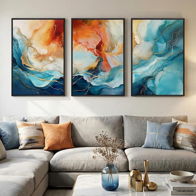 Large Framed Blue and Orange Abstract Wall Art for Living Room, Set of 3 Modern Canvas Prints Paintings Artwork for Walls, Bright Colorful Pictures for Bedroom Dining Room Hallway Wall Decor 24x36 In