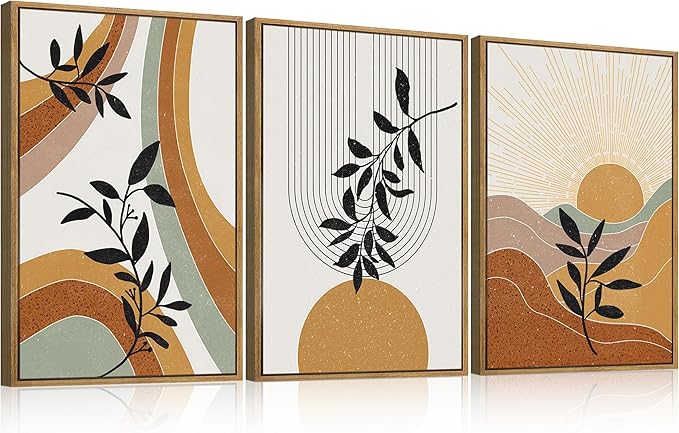 BINCUE Extra Large Boho Abstract Wall Art Abstract Line Wall Decor Mid Century Modern Artwork Boho Plants Wall Pictures Orange Abstract Paintings Orange Art Prints for Living Room Bedroom Office 24x36 Inches 3 Pieces