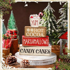 Moucuny 4 Pcs Wooden Christmas Tabletop Decor Hot Cocoa Tiered Tray Decor Rustic Wood Hot Cocoa Block Sign Gift Merry Christmas Centerpiece Farmhouse Winter Table Decoration