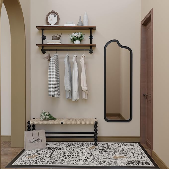 Clothes Rack 36in, Wall Mounted Garment Rack with Real Walnut Wood Shelf, Heavy Duty Hanging Clothes Rack, Multi-Purpose Hanging Rod, Space-Saving Closet Storage