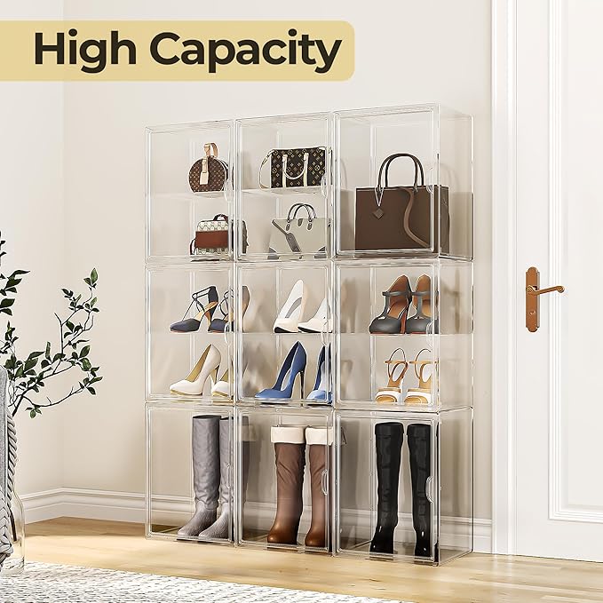 15.75''x11.81''x9.84'' XX-Large Clear Shoe Storage Boxes with Divider, Stackable Plastic Boot Boxes with Magnetic Door, Acrylic display case Box with Lids for Sneaker Purses Handbags Books (3)