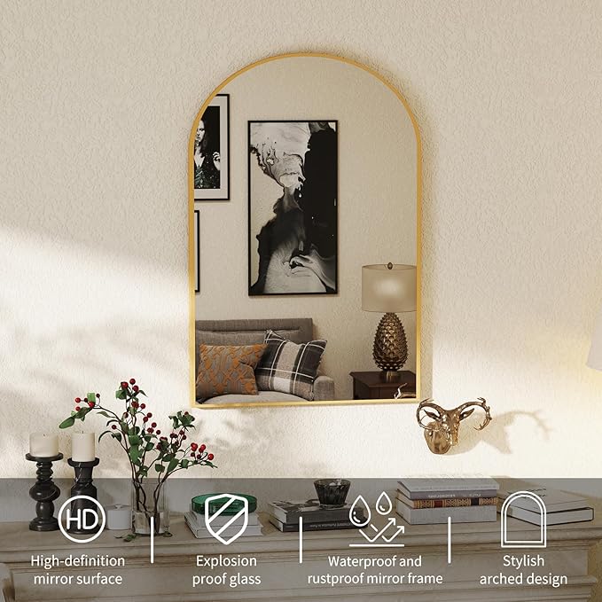 DUMOS Gold Metal Arch Vanity Rounded Rectangle Bathroom Mirrors for Over Sink Wall, 27x38 Inch Large Matte Mirror, Modern Decorative for Restroom, Farmhouse