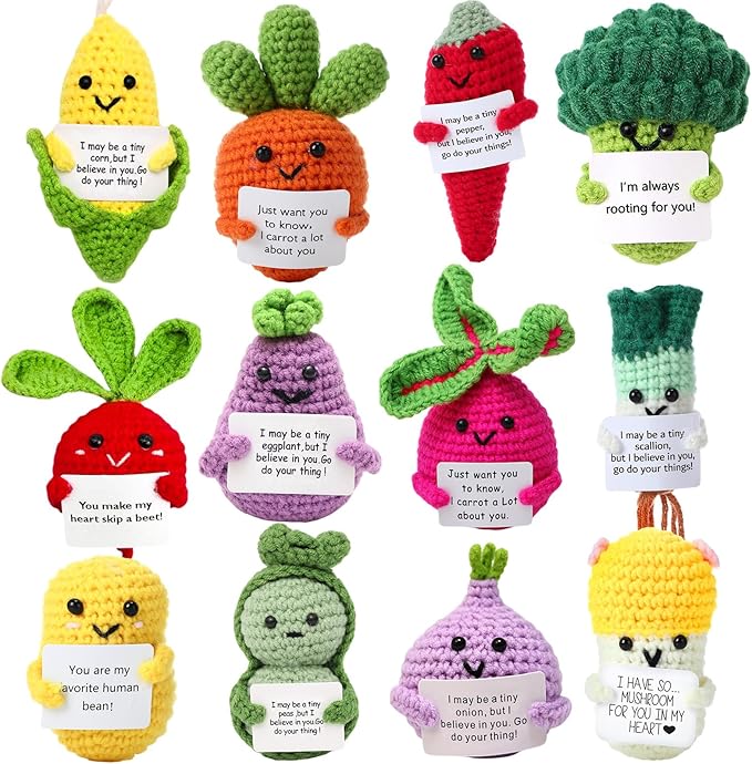 HunnmingRe 12 Pcs Cute Crochet Doll with Positive Card Soft Wool Animals Creative Knitting Dolls for Positive Support Inspirational Birthday Encouragement Gift(Vegetable Style)