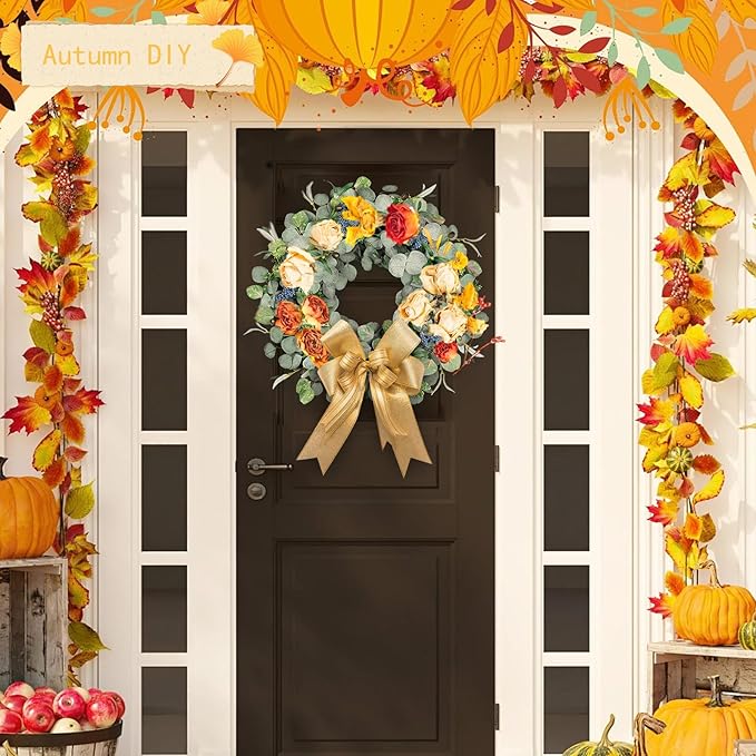 22 Inch Eucalyptus Wreath with Olive Leaves and Berries All Year Round, Handmade Green Spring Summer Wreaths for Front Door Indoor Outdoor Wedding Holiday