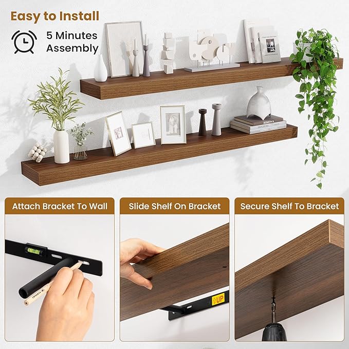 Fun Memories Floating Shelves 48 Inch, Extra Large Wood Shelf Set of 2, Hanging Wall Shelves for Bathroom, Living Room, Kitchen, Bedroom, Walnut