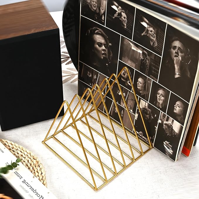 Udreamer 9 Slot Record Holder,Desktop Vinyl Record Storage Holds Up 30 LPs,Metal Magazine Holder Triangle File Holder for Office Homer,Golden
