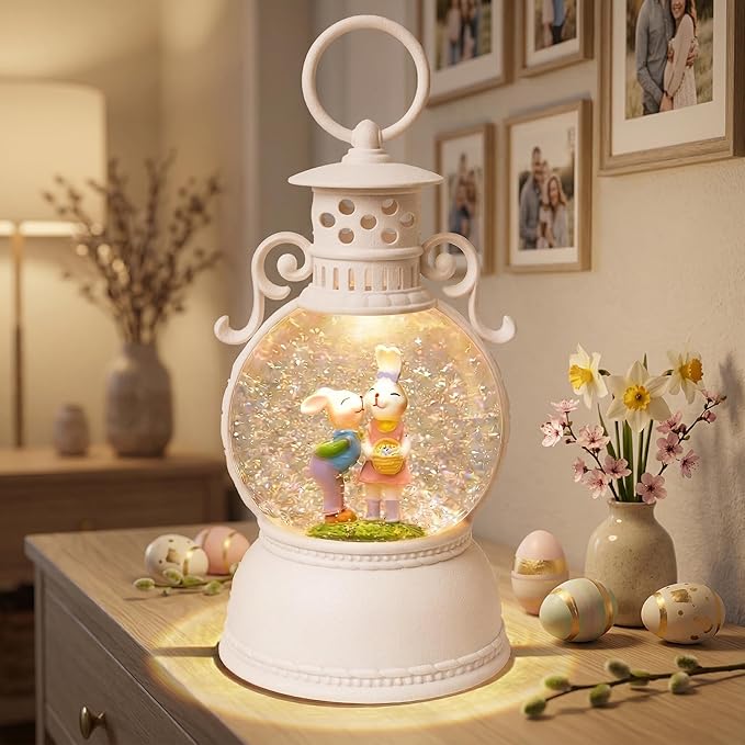 Easter Snow Globe Lantern, 9.4" Bunny Couple Lighted Snow Lantern with 6-Hour Timer, Battery or USB Powered, Spring Easter Decorations for Home, Easter Gift & Indoor Decor