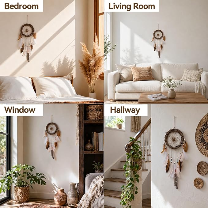 Rattan Dream Catchers with Peacock Feather, Boho Wall Decor Rustic Wooden Native American Wall Art for Bedroom Living Room (Pink Brown Mix)