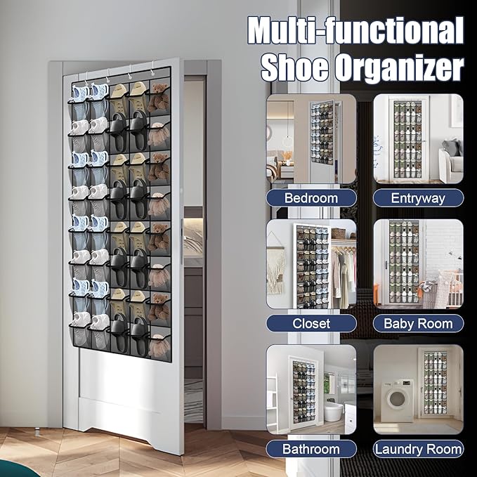 Over the Door Shoe Organizer - 40 Large Breathable Mesh Pockets, Space Saving Hanging Shoe Organizer with Metal Hooks, Hanging Shoe Rack for Men's and Women's Shoes (Grey-A)