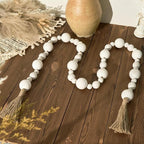 2" Extra Large Wood Bead Garland with Tassels, 75" Long Rustic Farmhouse Wooden Beads Garland, Decorative Beads Boho Decorations for Home Table Mantle White
