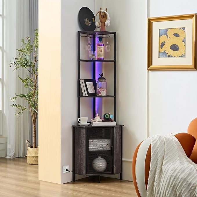 VECELO 6 Tier Corner Shelf with LED Light and Charging Station, 63” Tall Standing Cabinet Organizer, Narrow Bookshelf with Storage Rack for Living Room, Bedroom, Kitchen, Balcony, Small Space