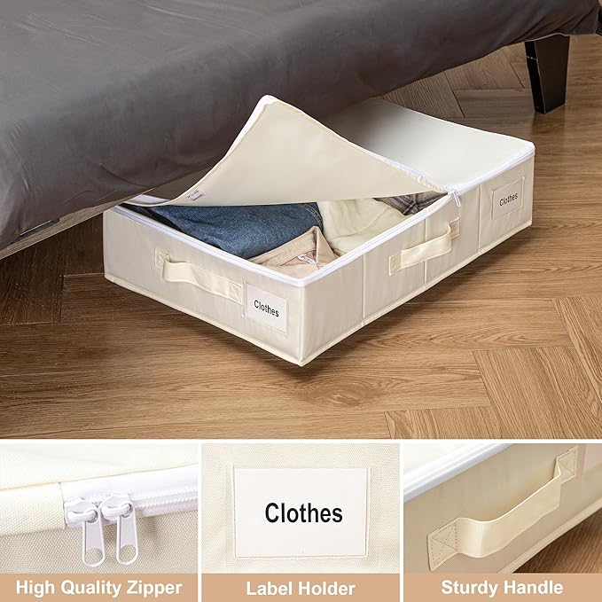 Under Bed Storage with Wheels, Rolling Under Bed Storage Containers with Label Holders for Clothes, Shoes and Blankets, Underbed Storage Organizer with Cover, 2 Pack Beige (23.6x15.7x7.28 in)
