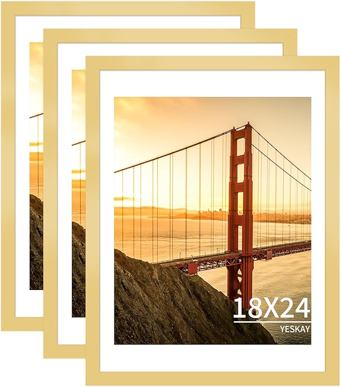 18x24 Picture Frame Gold Set of 3, Display Pictures 16x20 with Mat or 18 x 24 Without Mat, Poster Frames 18x24 for Wall Hanging Horizontal and Vertical