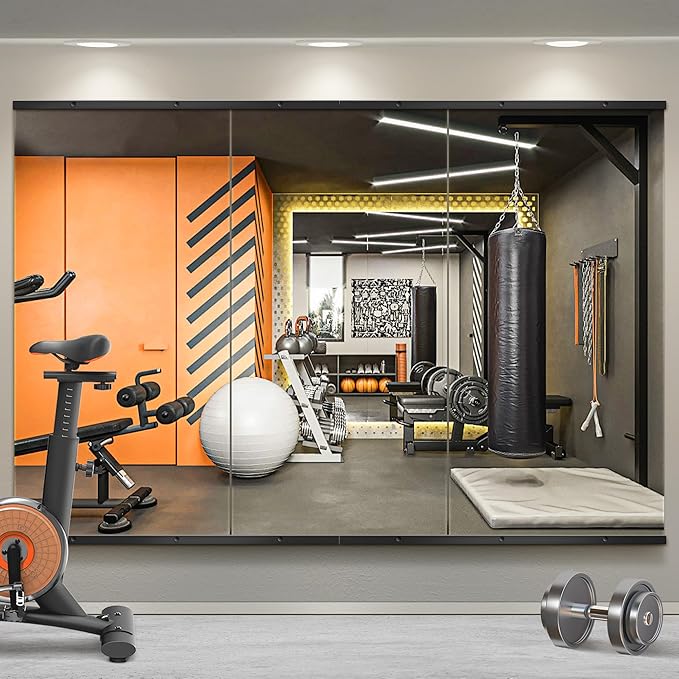 TRAHOME Home Gym Mirror for Wall,48x24x3PCS Full Length,Glass Frameless Body Large Mirror for Home Gym,Workout,Bedroom,Garage(Black)