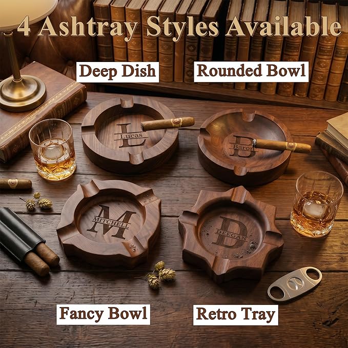 Cigar Ash Tray for Men Personalized Name Walnut Cigar Ashtrays for Outdooor Custom Wooden Ashtray Father's Day Christmas Engraved Monogramed Ashtray Gifts for Husband Dad Groomsmen Papa Grandpa