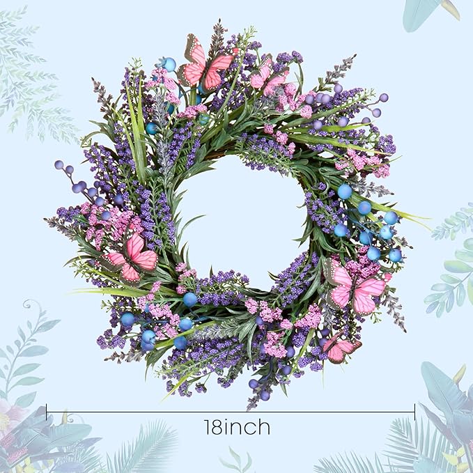 Lavender Wreaths for Front Door 18 Inch Spring Summer Wreath with Lavender,Berries, Butterflies,for Year-Round Use Indoors and Outdoors as Wall, Door, Window, Party and Wedding Decorations