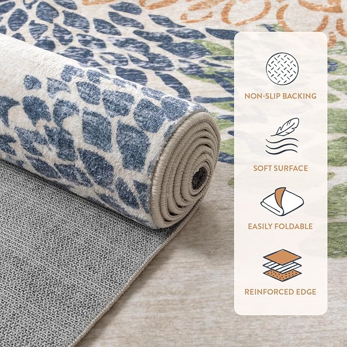 Dahlia Washable Area Rugs 5x7, Boho Floral Rug for Bedroom Dorm, Multicolored Soft Low Pile Living Room Rugs,Leaves Non Slip Throw Carpet for Classroom Nursery Office,Multi