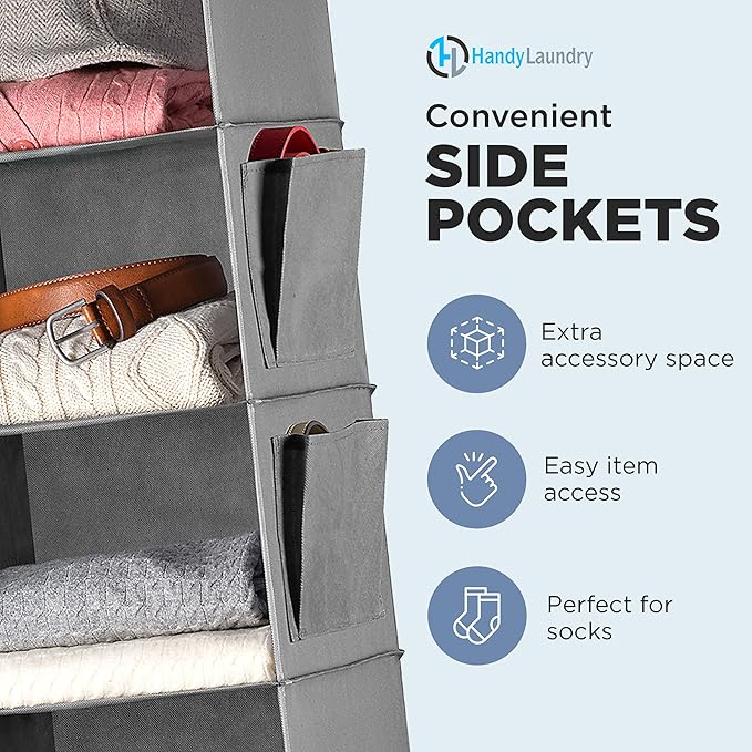 Handy Laundry Hanging Closet Organizer - 6 Shelf Storage for Clothes, Sweaters, Shoes & Accessories - Space-Saving Wardrobe Shelves with Hooks for Dorm, RV & Small Closet Organization (Grey)
