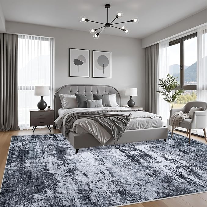 6x6 Area Rug Living Room Rug: Washable Modern Abstract Soft Thin Rug Indoor Floor No Slip Stain Resistant Carpet for Bedroom Dining Room Farmhouse Nursery Home Office - Black