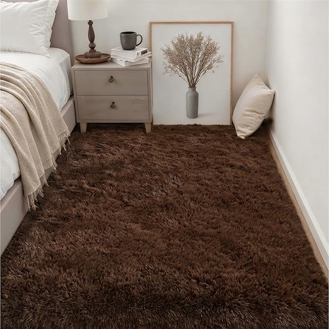 Fluffy 5x7 Area Rugs for Living Room Bedroom: Ultra Soft Shag Rug Non-Slip Non-Shedding Small Plush Bedside Rug Indoor Floor Carpets for Kids Room Playroom Entryway Nursery Dorms Home Decor Brown