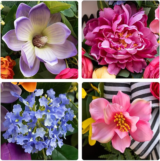 Pinkpuii Spring Wreaths for Front Door Outside– 24 Inch Spring Door Wreath with Pink Peonies, Roses,Blue Hydrangeas&Yellow Tulips,Colorful Welcome Summer Wreaths for Front Door Porch & Entryway Decor