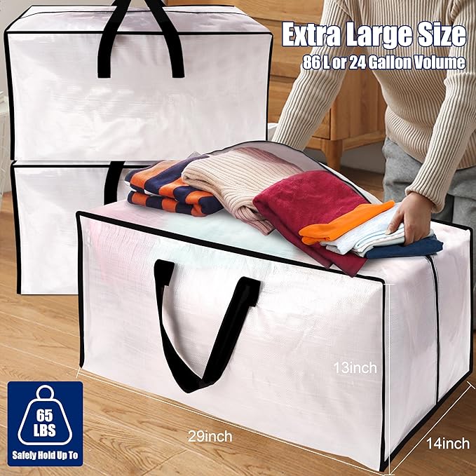 Cosy Family 4 Pack Heavy Duty Extra Large Moving Bags with Backpack Straps - Strong Handles & Zippers, Storage Totes For Space Saving, Fold Flat, Alternative to Moving Box (Set of 4, Clear)