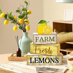 Moucuny 4 Pcs Summer Lemon Decor Summer Table Decorations Farm Fresh Lemons Wooden Stacked Block Decor Rustic Summertime Tiered Tray Decoration Fruits Centerpiece for Home Kitchen Dining Room Mantel