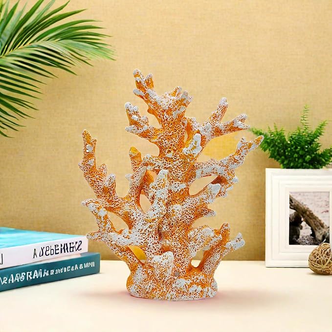 Etlemonde Beach Coastal Decor Coral Reef Home Decor Coral Statue Sculpture Home,Desk,Bathroom,Desktop Shelf Statue,Marine Themed Gifts (Golden Orange Coral)
