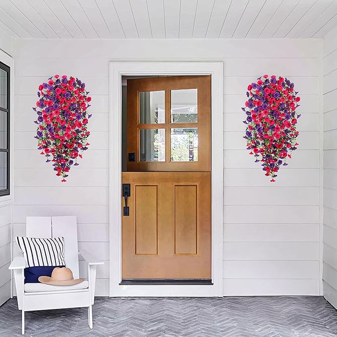 Artificial Hanging Flowers for Outdoor, 4pcs Fake Plants Long Vine Morning Glory Eucalyptus, Spring Summer UV Resistant Realistic Faux Greenery Indoor Outside Patio Porch Garden Decor, Hot Pink Purple