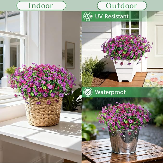 Artificial Fake Outdoor Plants Flowers for Spring Decoration, 12 Bundles UV Resistant Faux Daisy Silk Flower with Eucalyptus Stem for Outside Planters Porch Patio Yard Garden (Light Purple Fuchsia)