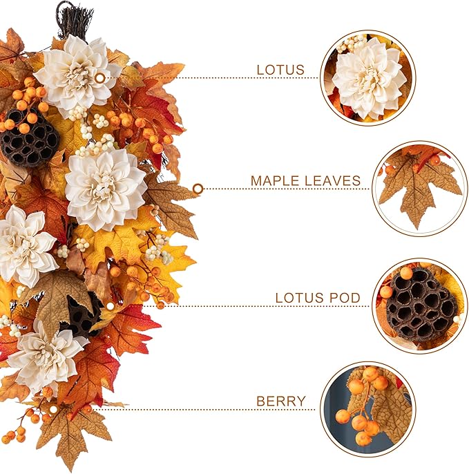 Glitzhome 2 Pcs Fall Teardrop Swags for Front Door, 28''H Autumn Swag with Lotus, Lotus Pod and Berry, Fall Swags for Front Door, Thanksgiving Harvest Festivals Decor